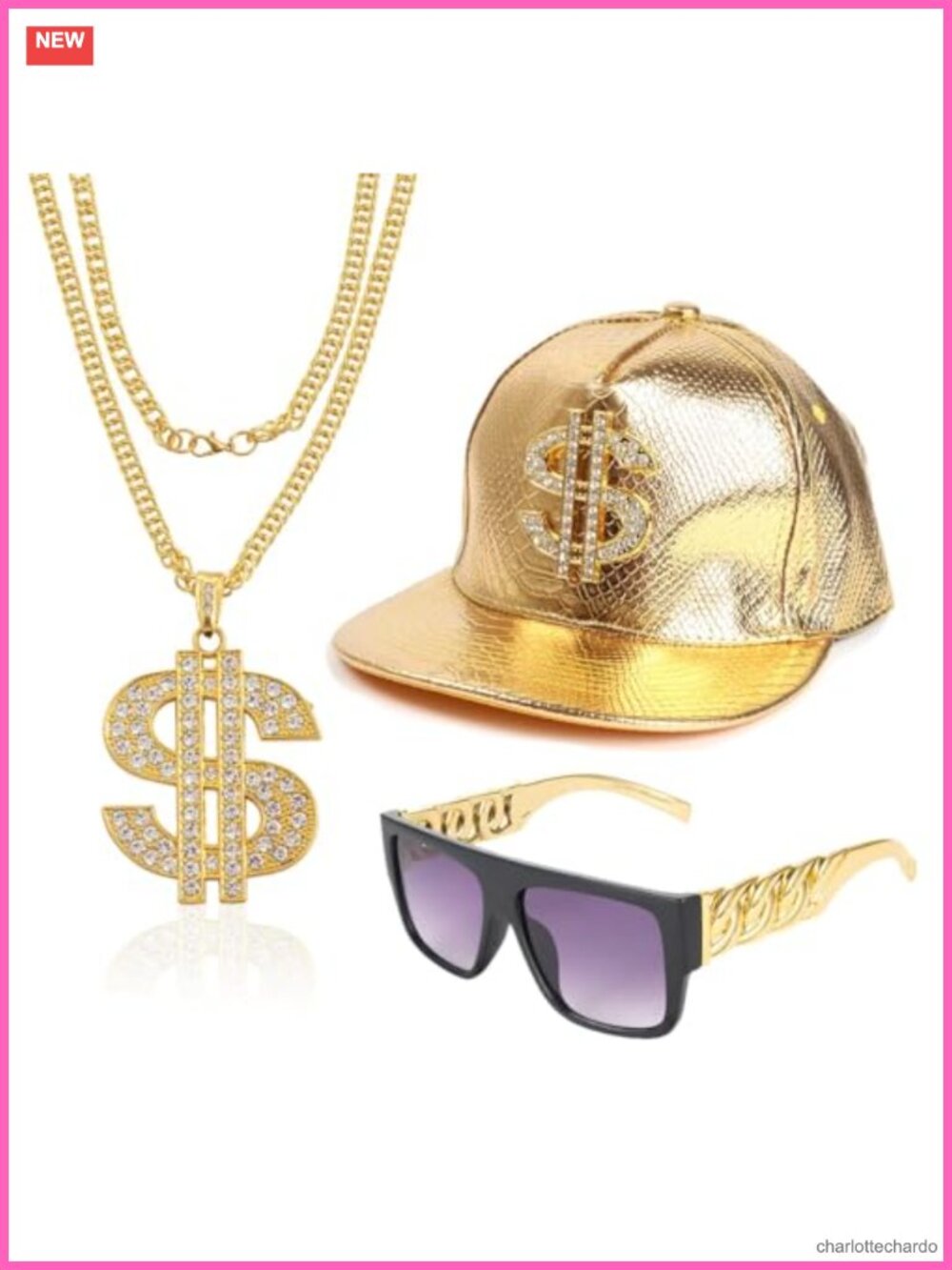 80s 90s Hip Hop Rapper Costume Kit Crocodile Hat Gold Necklace Sunglasses